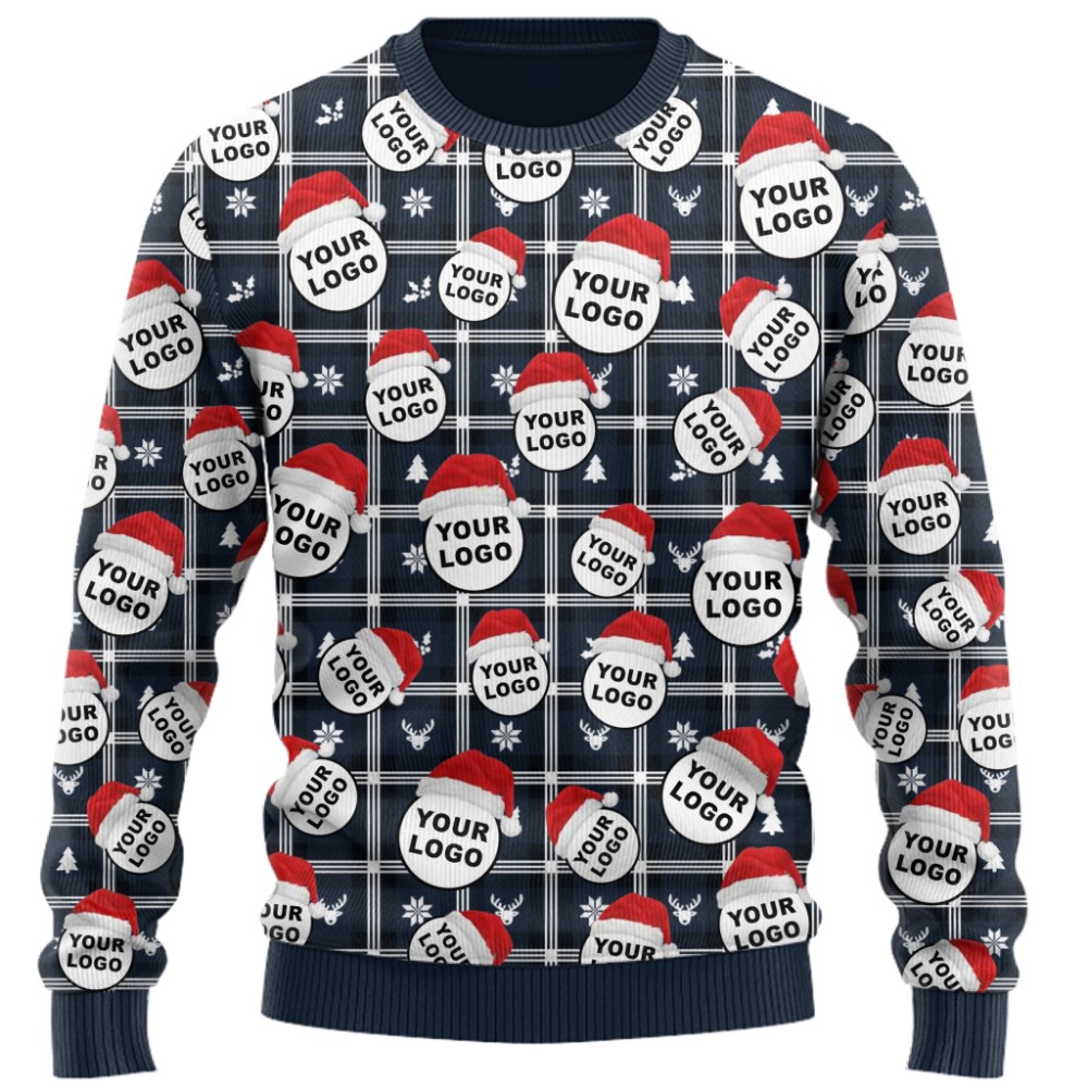 Custom Logo With Santa Hat Buffalo Plaid Pattern Christmas Sweater  7