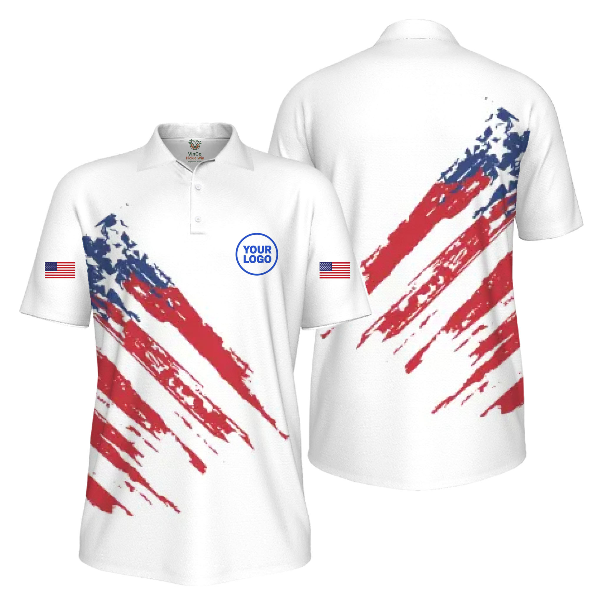Picklewin Custom Logo Pickleball American Flag Patriotic Polo Shirt For Men 16