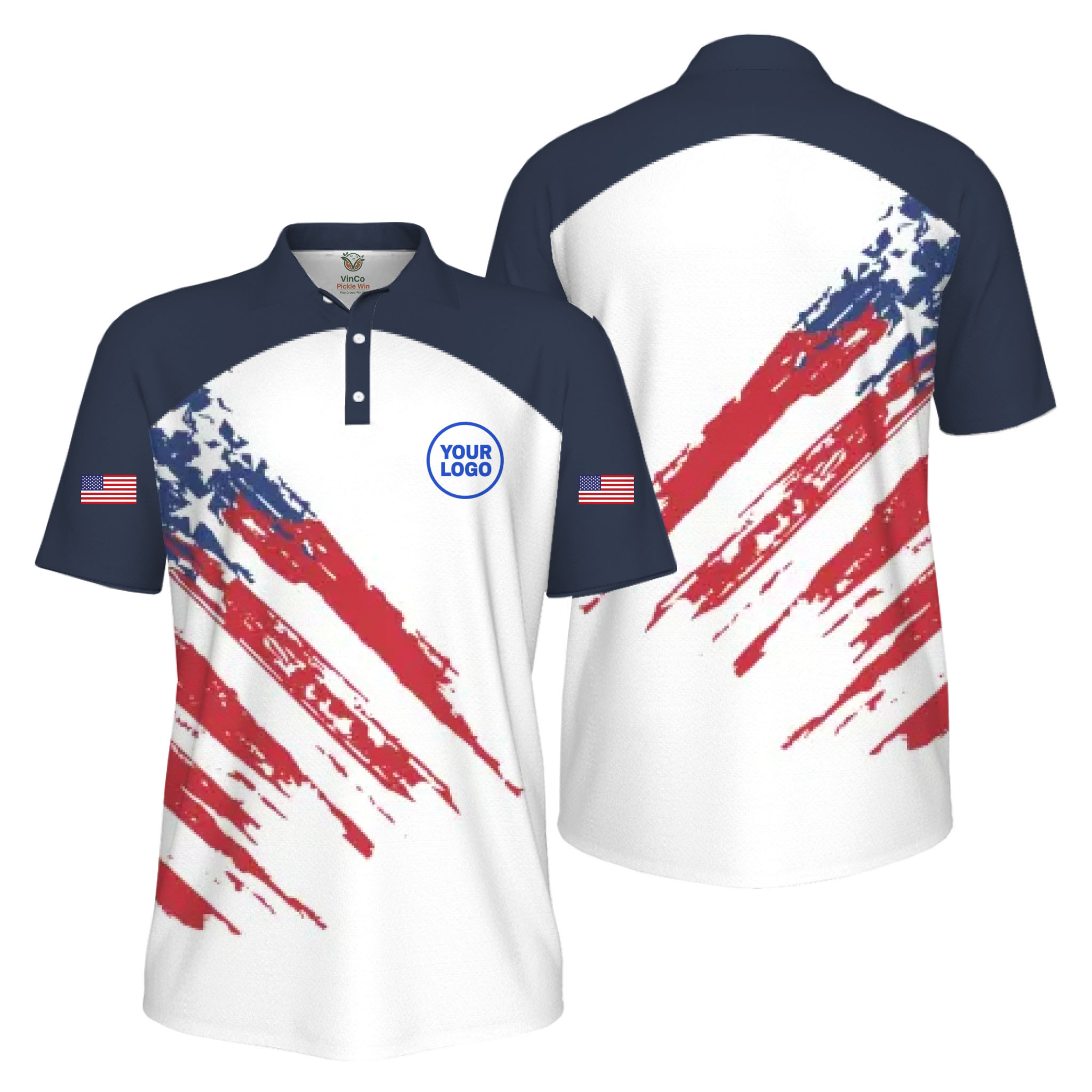 Picklewin Custom Logo Pickleball American Flag Patriotic Polo Shirt For Men 9