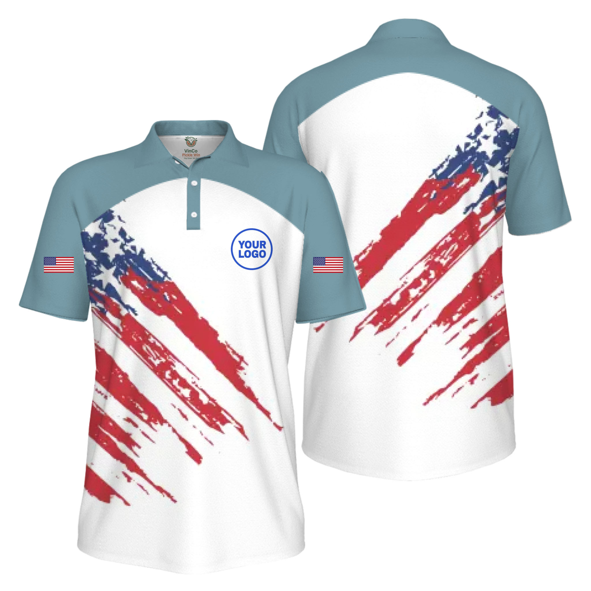 Picklewin Custom Logo Pickleball American Flag Patriotic Polo Shirt For Men 13