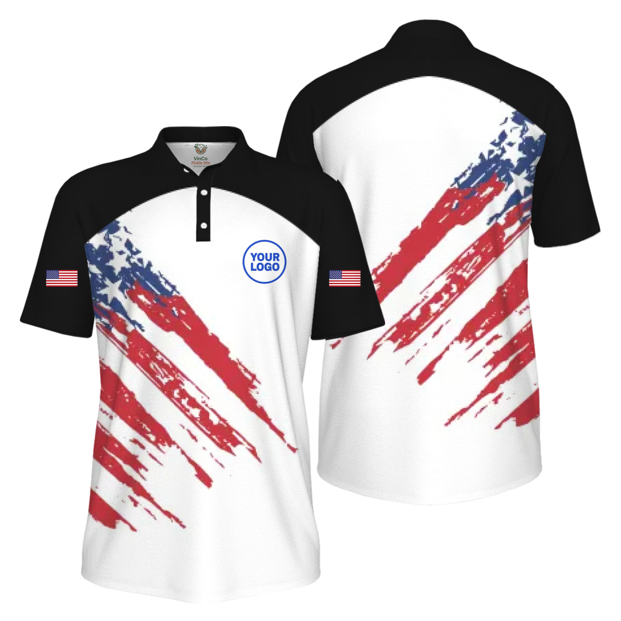 Picklewin Custom Logo Pickleball American Flag Patriotic Polo Shirt For Men 14