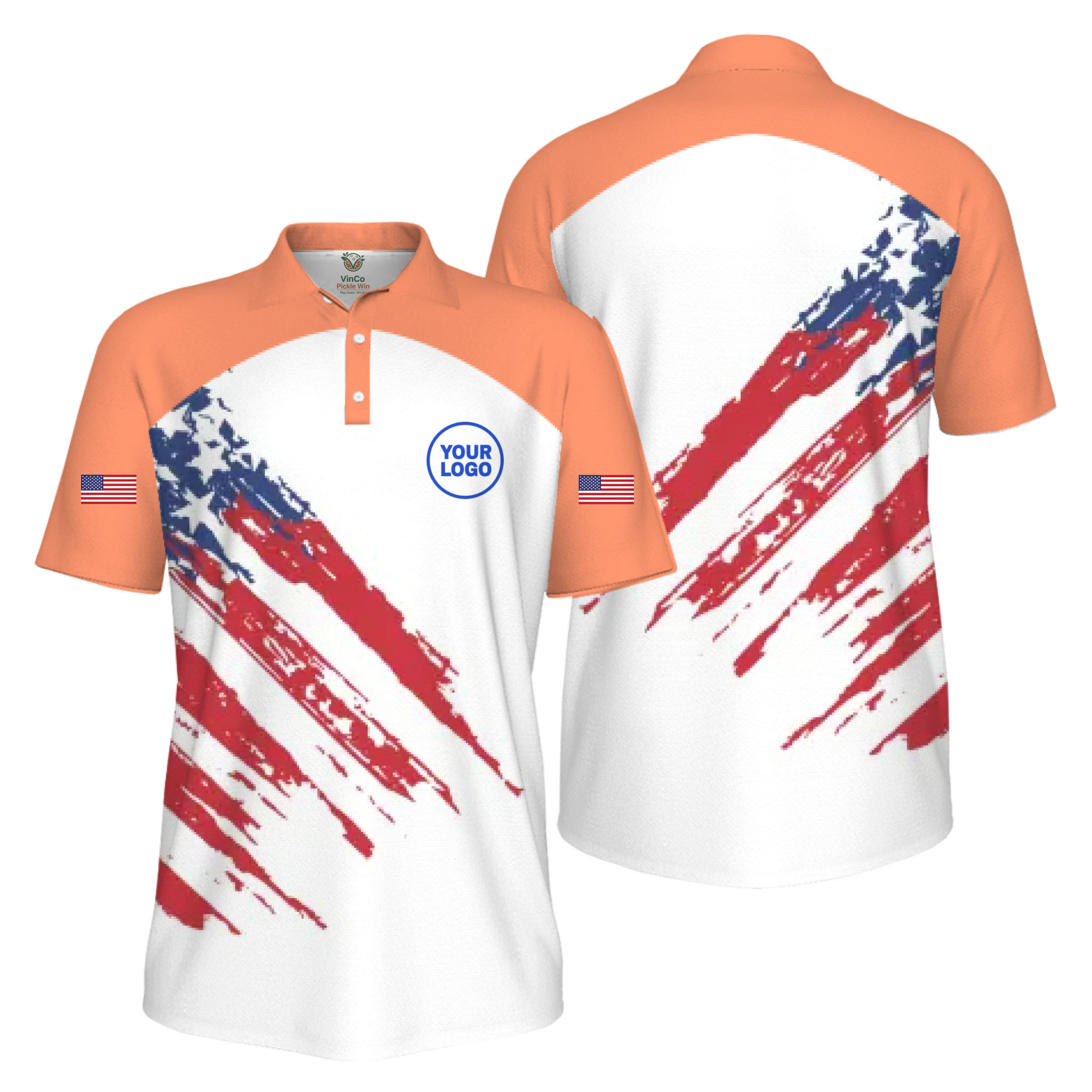 Picklewin Custom Logo Pickleball American Flag Patriotic Polo Shirt For Men 15