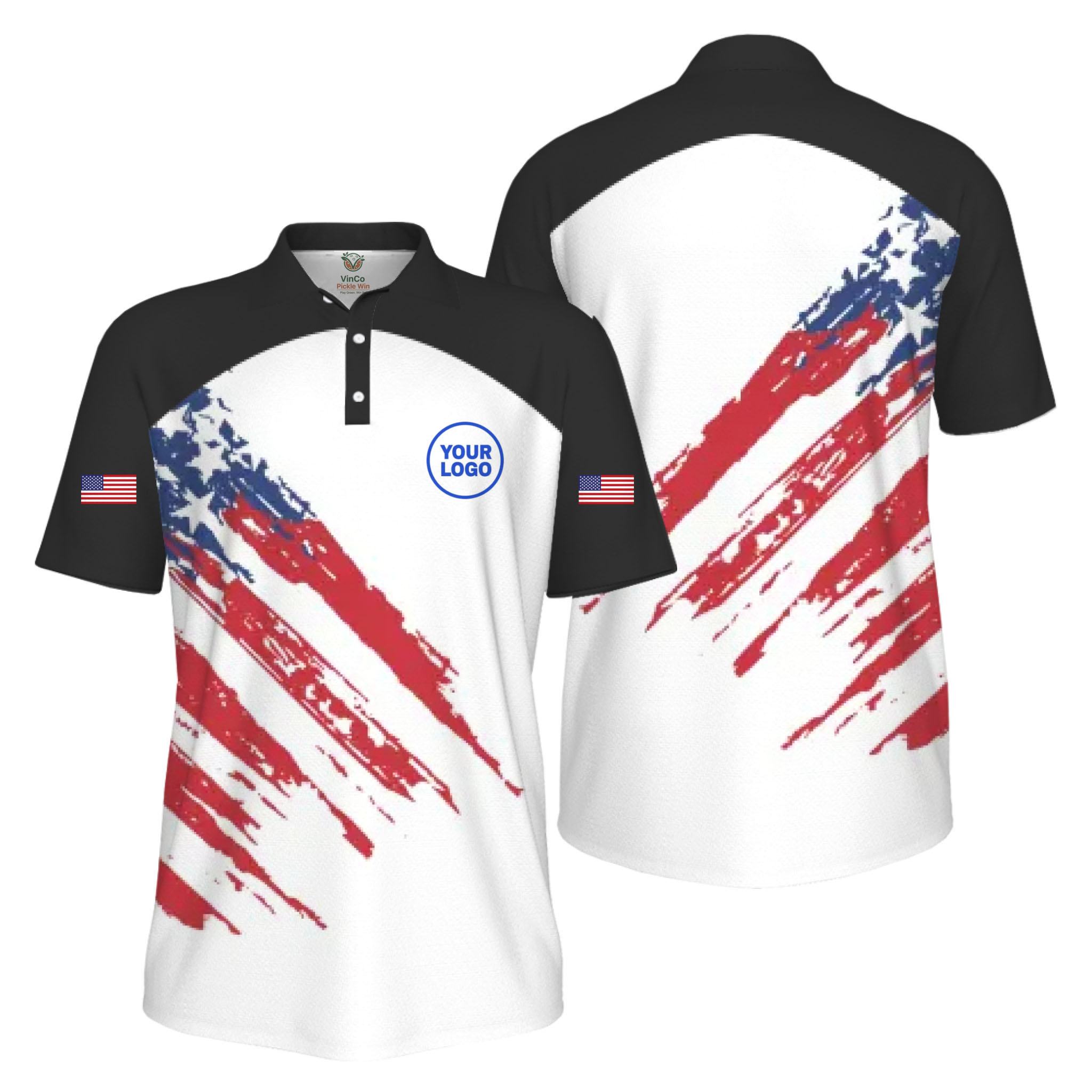 Picklewin Custom Logo Pickleball American Flag Patriotic Polo Shirt For Men 2