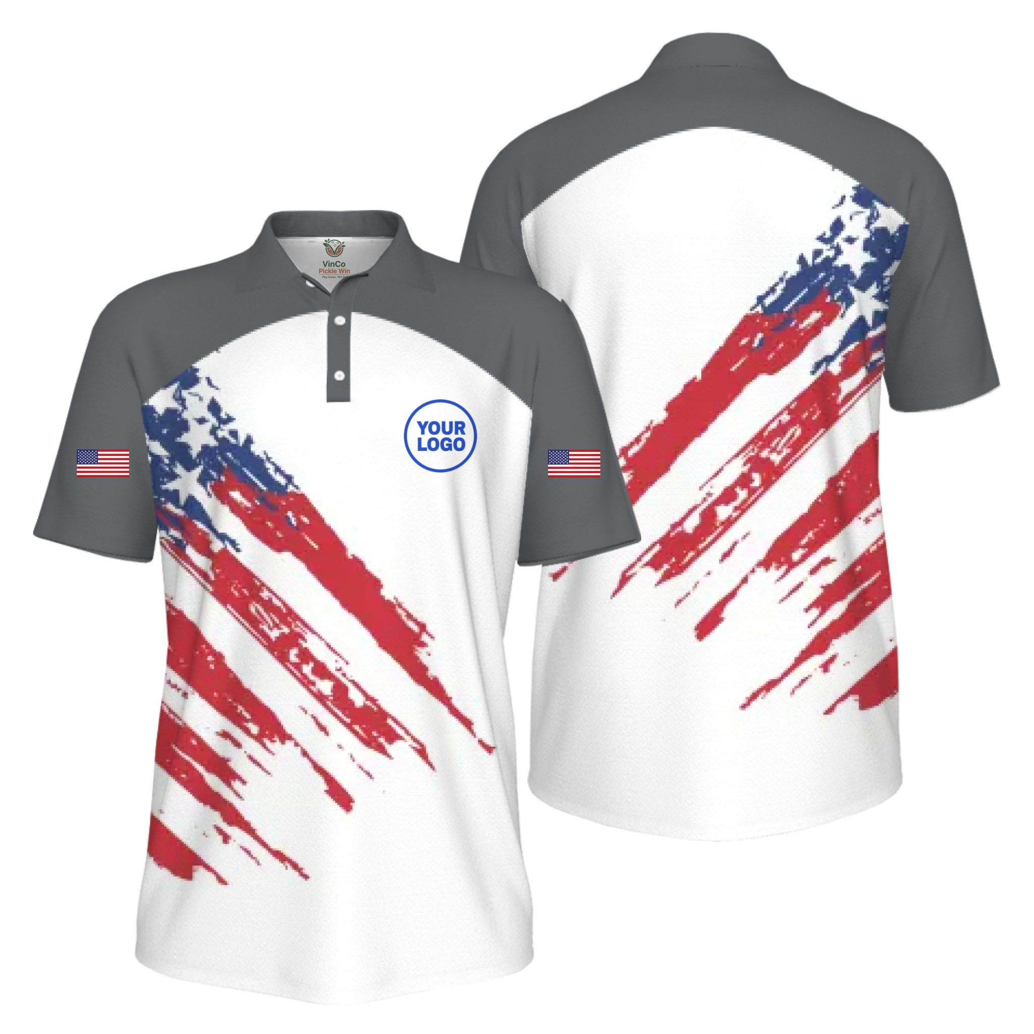 Picklewin Custom Logo Pickleball American Flag Patriotic Polo Shirt For Men 7