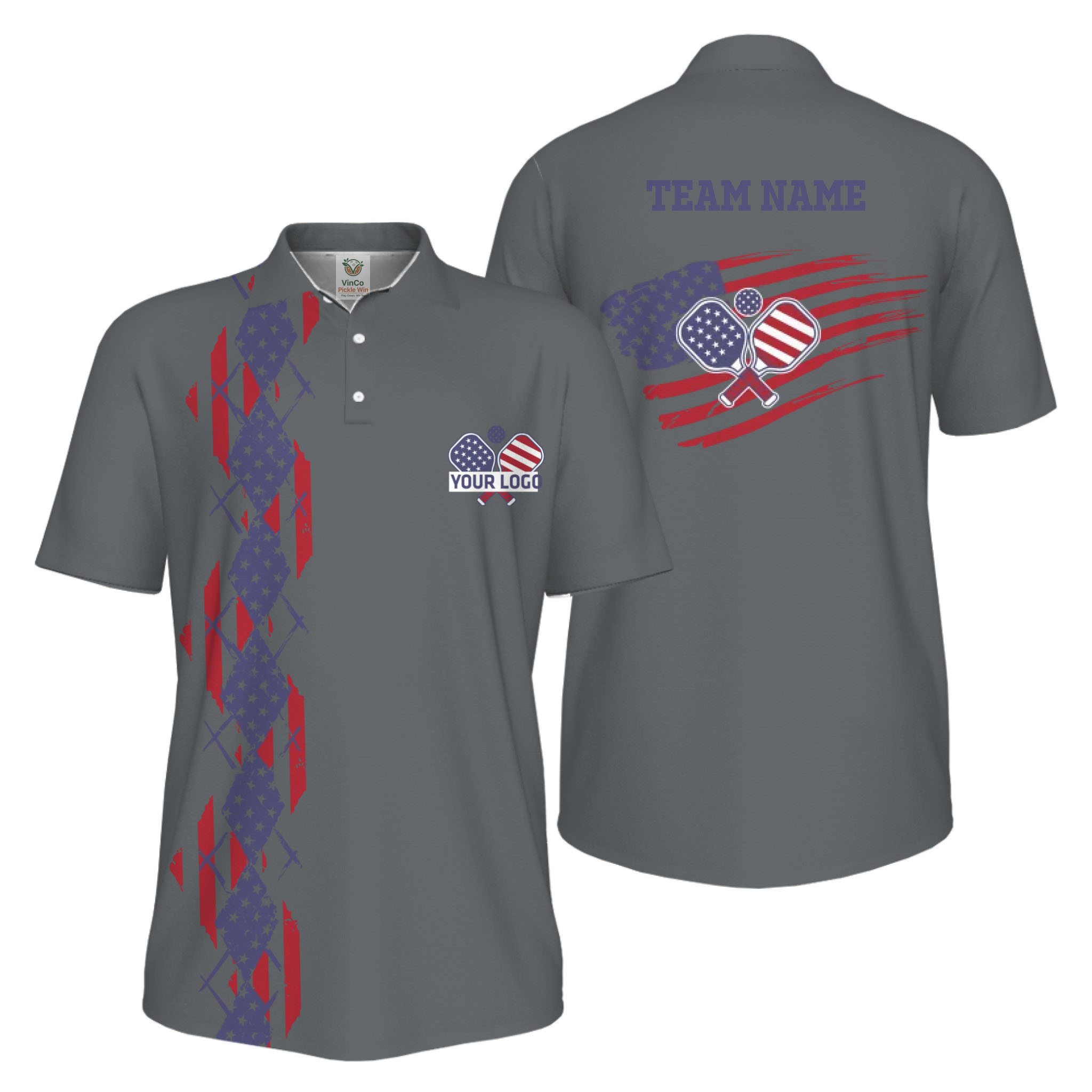 Picklewin Patriotic Pickleball Logo US Flag UV Protection Polo Shirt Men  10