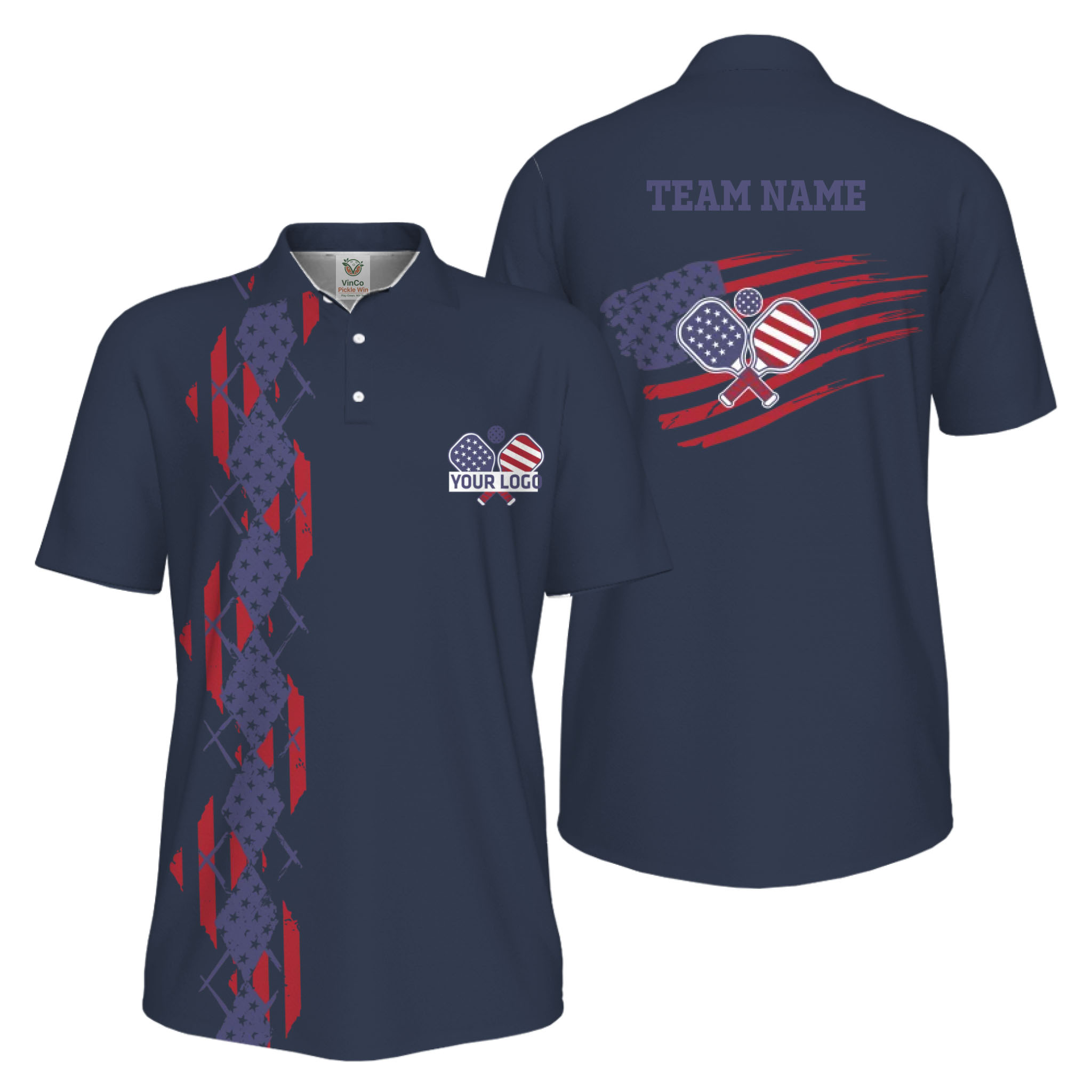 Picklewin Patriotic Pickleball Logo US Flag UV Protection Polo Shirt Men  12