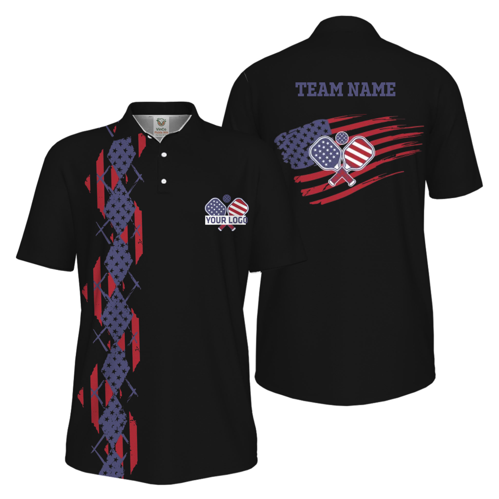 Picklewin Patriotic Pickleball Logo US Flag UV Protection Polo Shirt Men  16